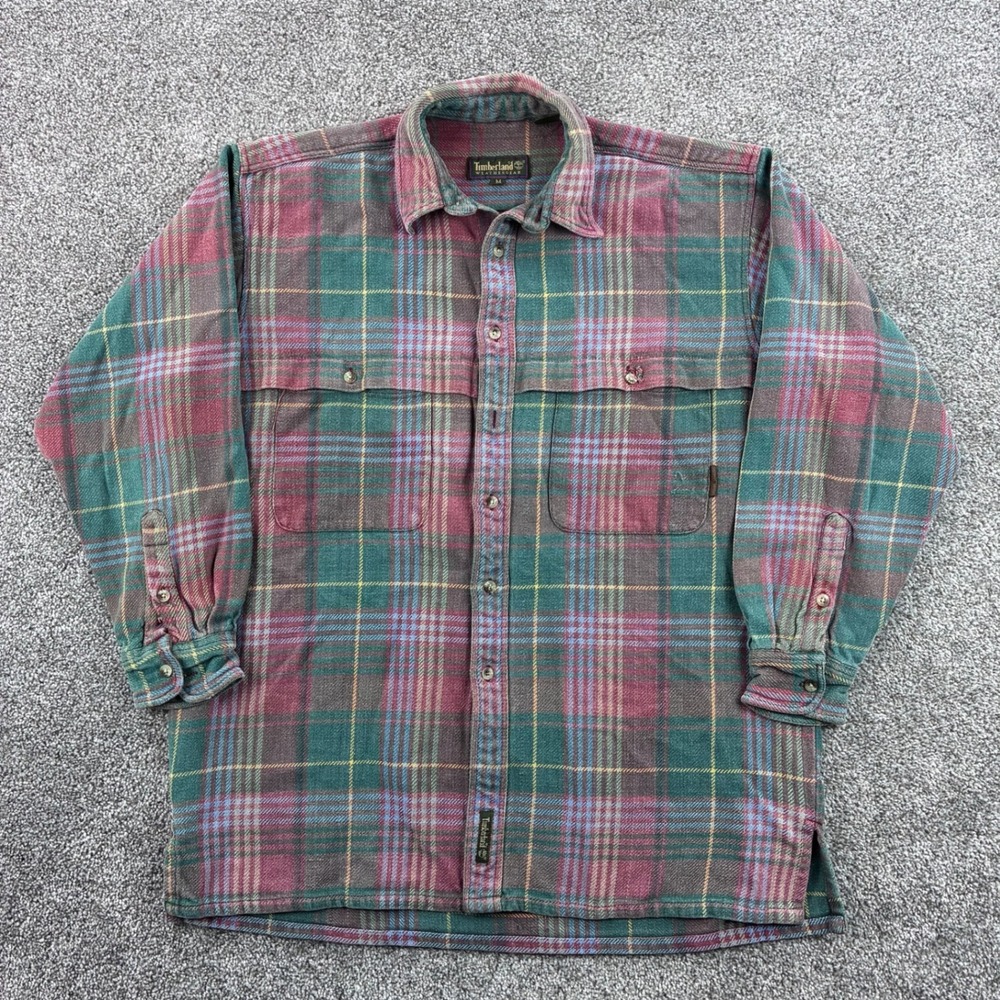 Vintage‎ Timberland Flannel Shirt Mens M Green Plaid Heavy Flannel Button Down